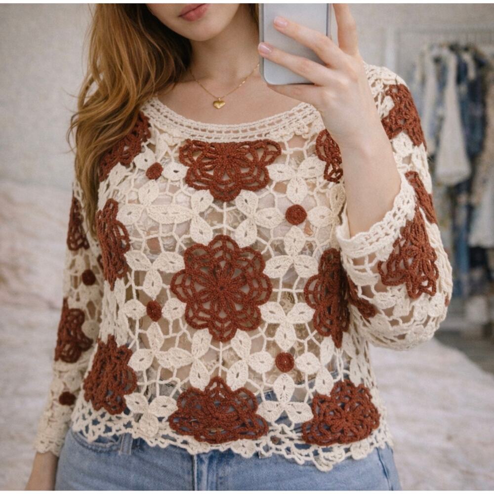 Cloth by Design Crochet Floral Boho Sweater Cream Brown Festival L